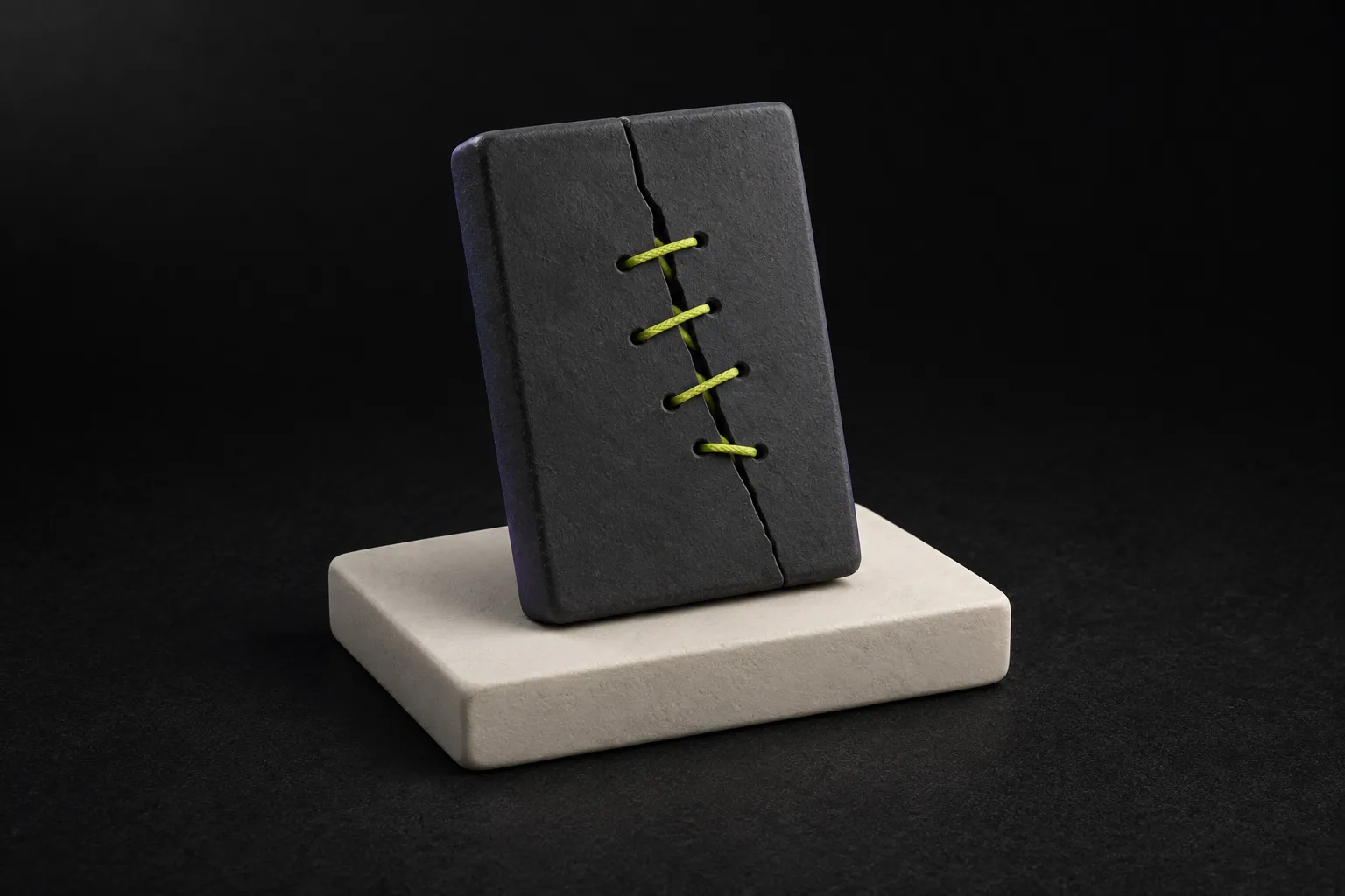 A cracked charcoal slab propped on an intact off-white one, the crack laced shut with an acid-yellow thread