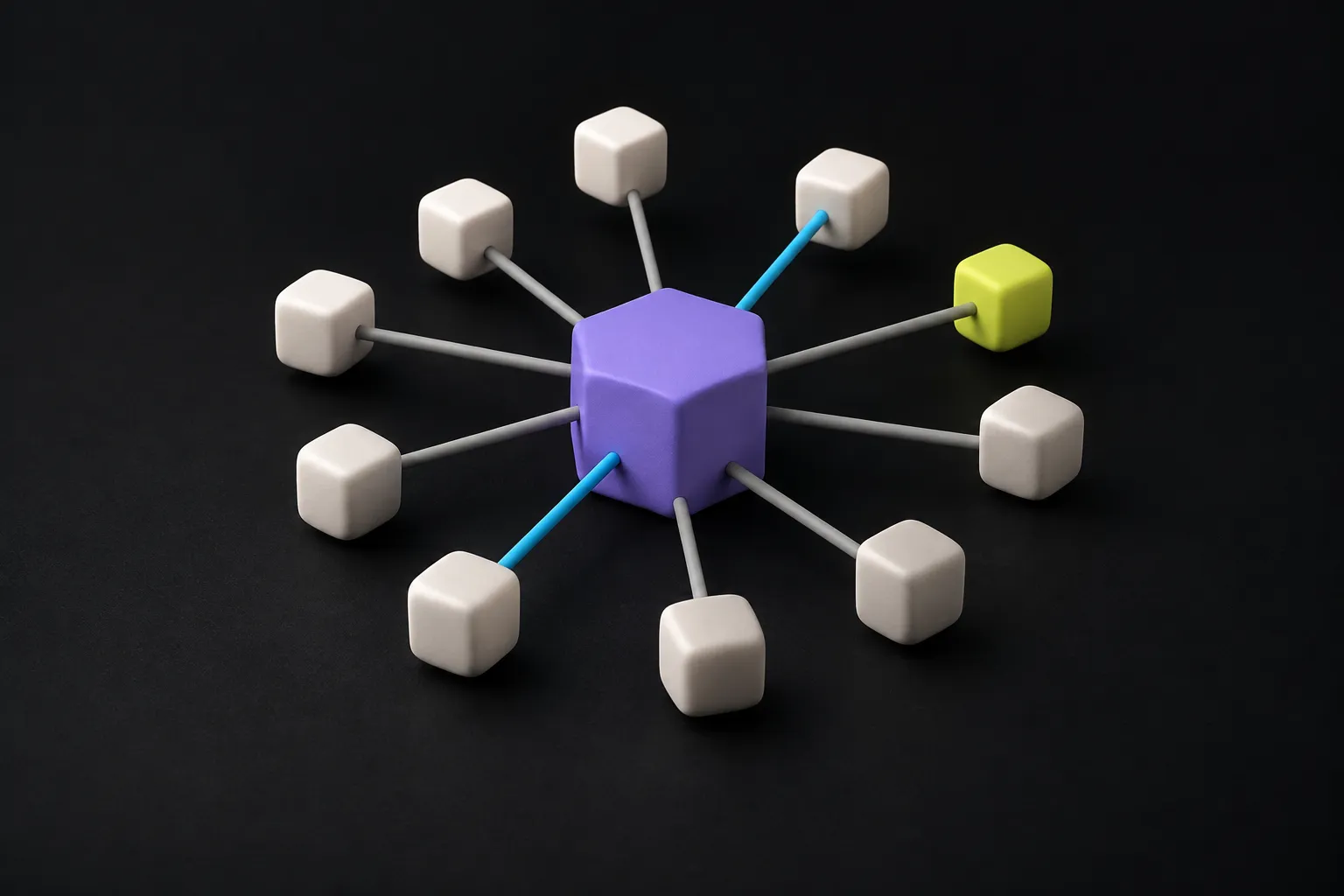 A dozen small matte off-white cubes arranged loosely around one larger violet hexagonal prism, joined to it by thin grey rods like a constellation