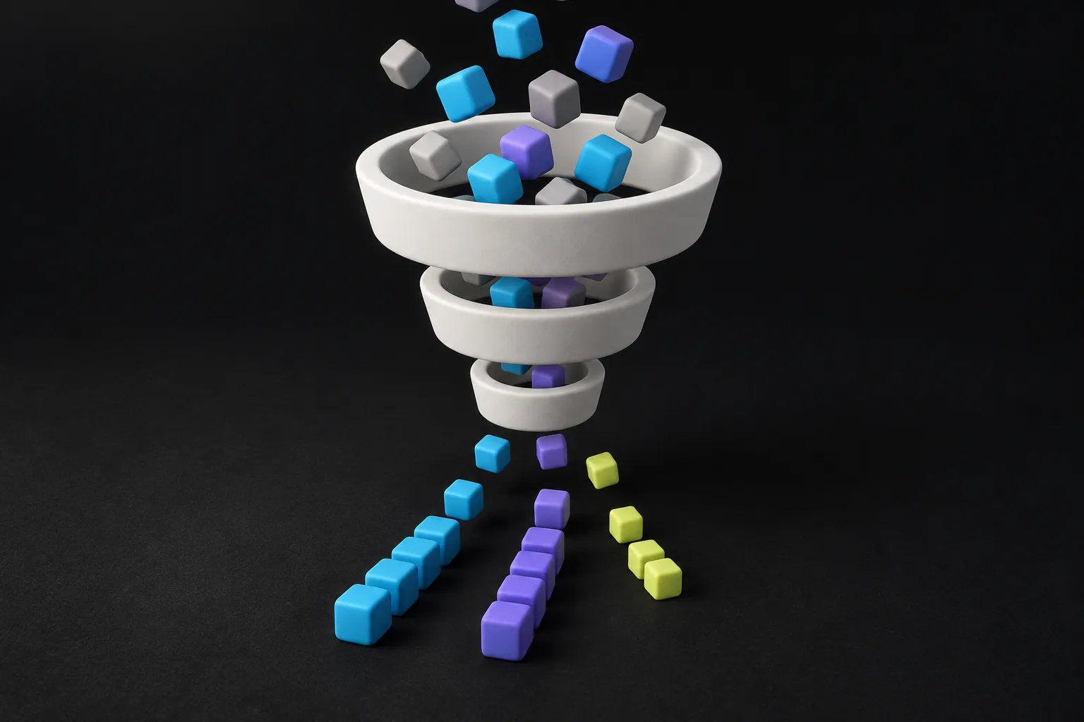 A matte off-white funnel of three narrowing rings; grey, cyan and violet cubes tumble in from above and land below sorted into neat rows