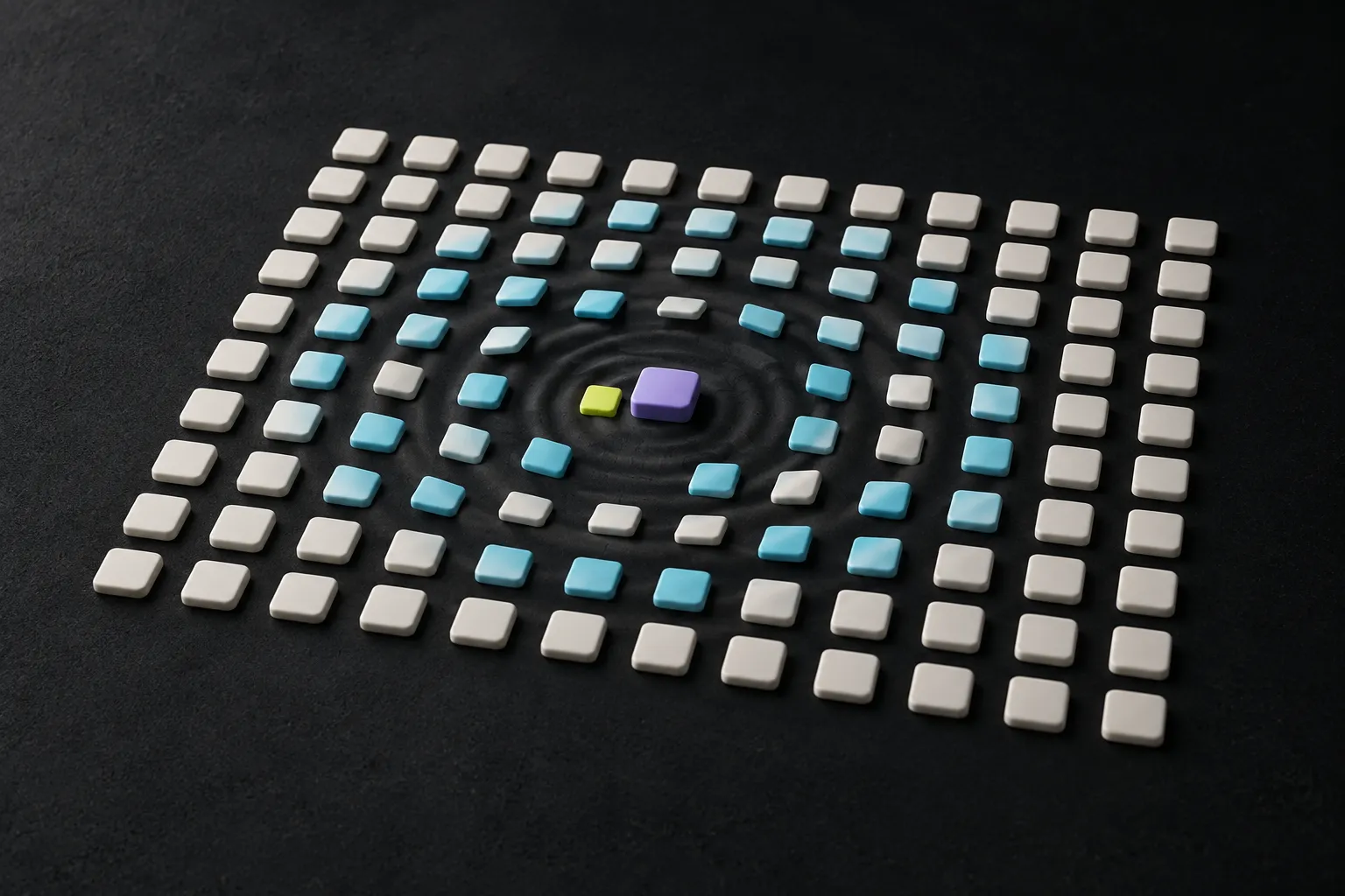 Matte tiles on a dark floor; ripples from one lifted violet tile tint the tiles around it cyan